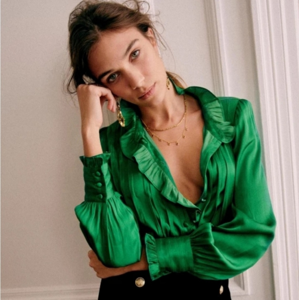 WORN ONCE! Rare Sezane "Johana" Blouse in "Emerald Green"! Size 38.